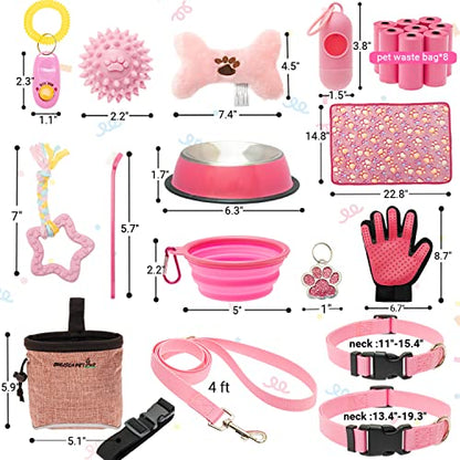 FLYSTAR Puppy Starter Kit for Small Dogs, 26 pcs Dog Supplies, Dog Toys, Collar & Leash, Training Clicker, Treat Bag, Poop Waste Bag with Dispenser, Blanket, Grooming Glove, Bowls, Toothbrush, etc - color: Pink, size: 26 pcs