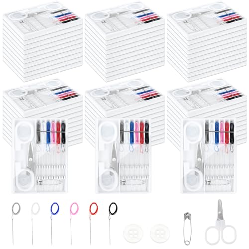 Milkary 60 Boxes Mini Sewing Kit, Travel Portable Hand Sewing Kit Bulk, Pre-Thread Needle Tools Holder Box with Threads Scissors Pin Button for Beginner Traveler DIY Repair Home Hotel