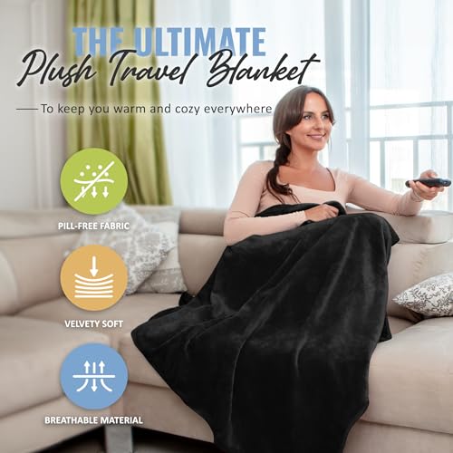 BOACAY Soft & Warm Travel Blanket for Airplane & Car - Long Flight Essential for Women, Men, Kids - Compact Pillow with Luggage Sleeve & Backpack Clip - color: Black