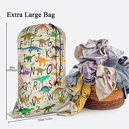 Swono Alphabets XL Laundry Bags, Drawstring Closure Dirty Clothes Bag Organizer, Heavy Duty Large Laundry Bag, Cartoon Dinosaurs Footprint Green Leave Rip-Stop Bags for Camp Travel, 28" x 40" - color: Alphabets