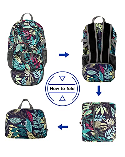 WATERFLY Small Lightweight Packable Backpack: 20l Ultra Light Foldable Travel Hiking Camping Daypack Day Pack for Man Woman - color: Blue Leaf