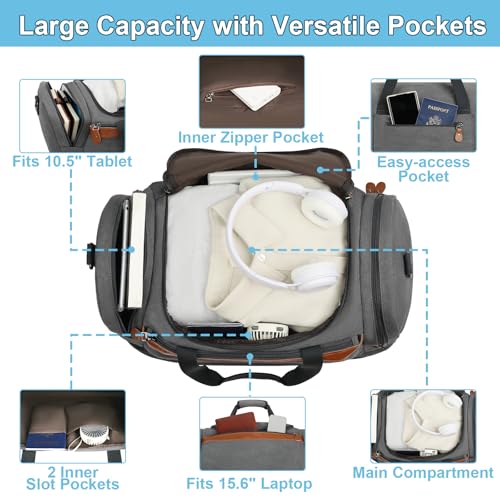 Duffle Bag for Travel, Expandable 50L Canvas Weekender Bag, Overnight Bag Travel Duffel Bag for Men Carry On Luggage with Removable Shoulder Strap, Durable & Water-Resistant - color: 1-Grey