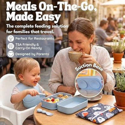 Baby Travel Essentials 6 Pc Silicone Feeding Set - Portable Toddler Plates with Suction, Baby Spoons & Foldable Bib in Carrying Case - BPA-Free Infant & Toddler Utensils for Airplanes & Eating Out - color: Gray