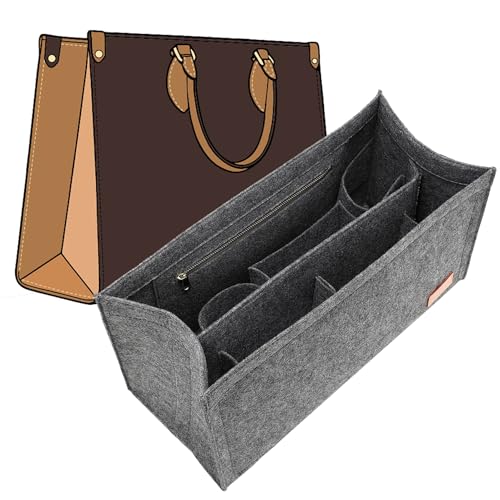 Doxo Purse Organizer Insert for Tote Bags, Premium Felt Insert Compatible with LV On The Go GM and Dior Book Tote Large, Multi-Compartment Bag Organizer with Detachable Dividers and YKK Zipper (Gray) - color: Gray, size: Large Book Tote/On The Go GM