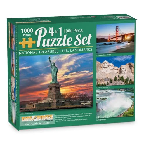 Bits and Pieces – 4-in-1 Multi-Pack Jigsaw Puzzles for Adults – US Landmarks Jigsaw Puzzle Set Bundle, Completed Puzzle Size: 1000 Pieces Each 20" x 27" - size: Four 1000 Piece Puzzles