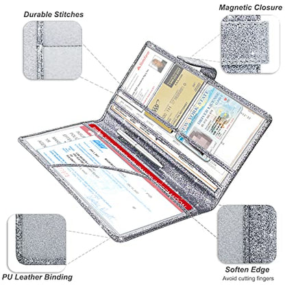RSAquar Car Registration & Insurance Holder - Leather Glove Box Organizer, Cool Accessories for ID, Driver's License Cards & Essential Documents, Men & Women, Glitter Gray - color: Glitter Gray