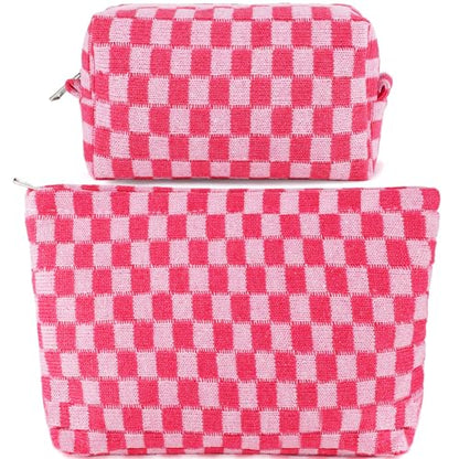 ZLFSRQ 2Pcs Makeup Bag Checkered Cosmetic Bag Set Travel Toiletry Bags for Purse Large Small Makeup Pouch for Women Cute Preppy Pencil Pouch Case Pink Zipper Skincare Bags - color: B-Checkered 2Pcs Mix Pink