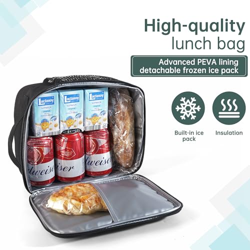 DAWAN freezable Insulated lunch bag,Built in detachable ice pack, Black, Insulated Cooler Tote with Handle for men or women, Keeps food cold or hot 8 to 10 hours, Meal Prep for Work Picnic golf