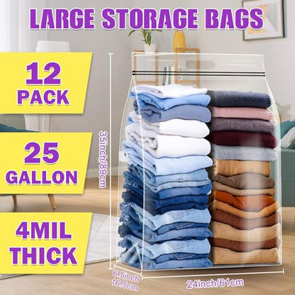 FURWEY 25 Gallon Extra Large Storage Bags 35”x 24”Resealable Clear Bags with Handle 4 Mil Thick Heavy Duty Big Bag for Clothes Pillow Travel Moving,Bedding,Shoes and Toys Storage, Pack of 12 - size: 25 gal - 12 pack