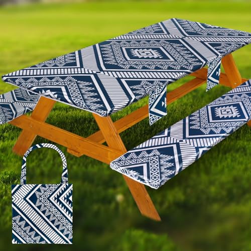 Fitted Picnic Table Cover with Bench Covers Waterproof Elastic Edges Rectangle Patio Tablecloth Outdoor Camping Essentials Stuff Rv Accessories Summer Trip Travel Camper Gifts for Woman Men, 96in 8 ft - color: Blue Diamond, size: 96in