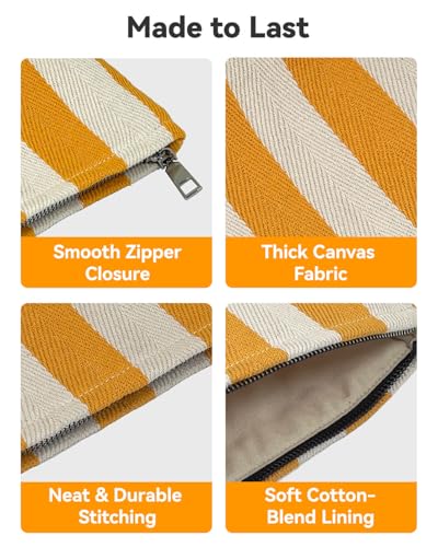 2 Pcs Makeup Bag Set, Women Gifts, Travel Cosmetic Bags, Canvas Make up Bag for Purse, Yellow Striped Makeup Pouch with Zipper Lining, Cosmetic Storage Car Organizer, Portable Large & Small Toiletry - style: Striped Yellow Canvas