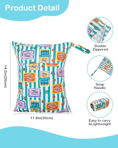 ALVABABY 2pcs Cloth Diaper Wet Dry Bags Waterproof Reusable with Two Zippered Pockets Travel Beach Pool Daycare Soiled Baby Items Yoga Gym Bag for Swimsuits or Wet Clothes 2LM22 - color: Stamps about fish and fruits