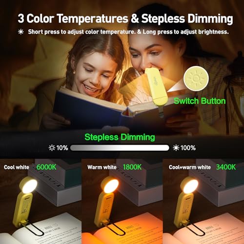 VAVOFO USB Rechargeable Book Light, Blue Light Blocking, Amber Clip-On Bookmark Shaped Reading Light with 6 LEDs and 9 Modes for Bedtime Reading - color: Yellow