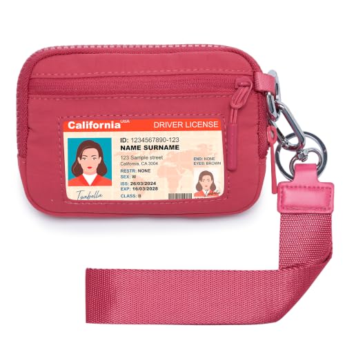 Small Nylon Wristlet Wallet for Women Minimalist Zip Keychain Coin Purse Card Case with Clear ID Window Water-Resistant Pouch - color: Raspberry