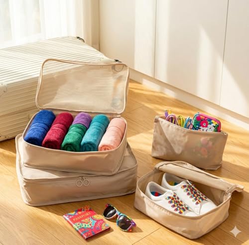 4-Piece Travel Packing Cubes Set for Suitcases - Lightweight Mesh Luggage Organizers - Beige Travel Essentials Bag Set for Clothes, Underwear, and Toiletries (Minimalist Neutral Design)