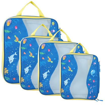 Kids Packing Cubes Compression, Luggage Packing Organization Cubes 4 Pack, Blue, 1 Small, 2 Medium, 1 Large, ocean blue - color: Underwater Sea World