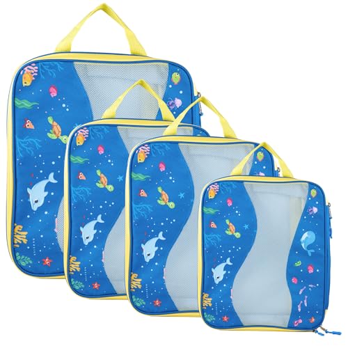 Kids Packing Cubes Compression, Luggage Packing Organization Cubes 4 Pack, Blue, 1 Small, 2 Medium, 1 Large, ocean blue - color: Underwater Sea World