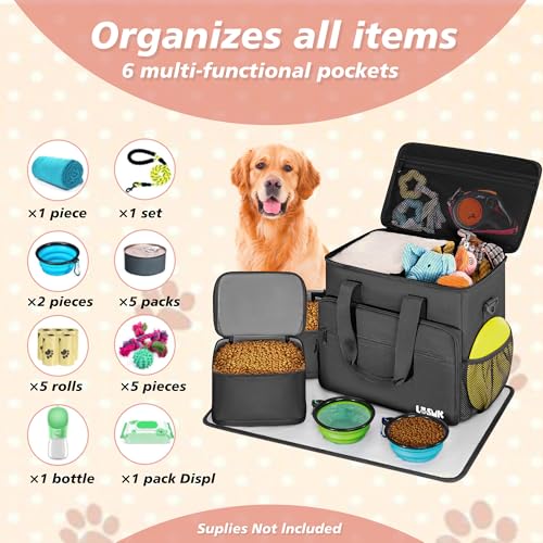 Dog Travel Bag, Large Pet Travel Set with Multi-Function Pockets, 2 Food Storage Containers, 2 Collapsible Bowls, 1 Feeding Mat for Pet Supplies, Road Trip Essentials, Weekend Camping (Black) - color: Obsidian Black