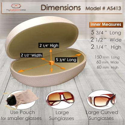 MyEyeglassCase® Large Hard Sunglasses Case | fits Large curved Sunglasses, with microfiber bag and cleaning cloth - color: Pearl /Cream