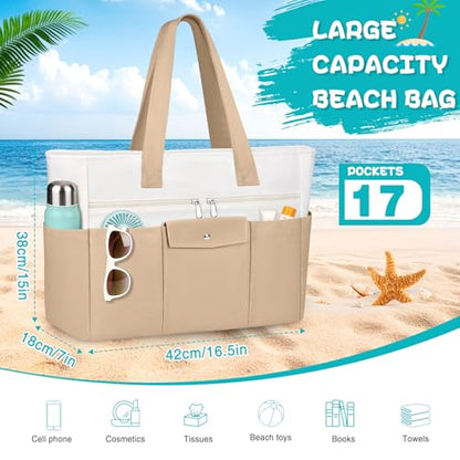 Beach Bags for Women Large Canvas Beach Tote with Zipper Wet Pocket, Waterproof Foldable Swim Pool Travel Tote Bags - color: Khaki