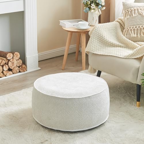 Inflatable Pouf Ottoman, 21x10 Inches Stuffed Chenille Ottoman with Inflatable PVC Liner, Foot Rest with Portable Handle, Round Floor Pillow for Living Room, Bedroom, Kids Room - color: White