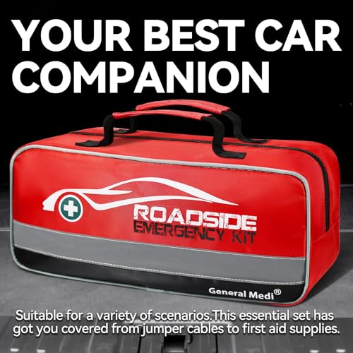 General Medi 127-Pieces Roadside Car Emergency Kit Include Mini First Aid Kit, Jumper Cables,Tow Rope, Bandage, Safety Vest, Emergency Triangle, All in One Pack