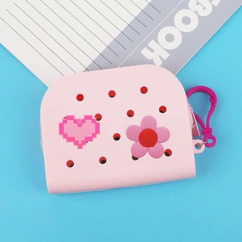 Soft Silicone Mini Coin Purse with Zipper and Cartoon Hole,with 15 pcs DIY Charms. Portable Keychain Pouch Organizer (Baby Pink) - color: Baby Pink