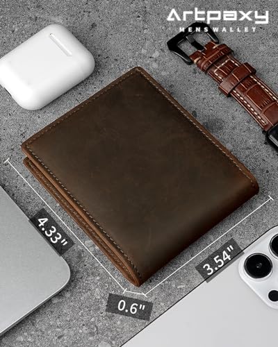 Artpaxy Mens Wallet Genuine Leather Bifold RFID Blocking Wallet for Men with 1 ID Window 13 Card Holders 2 cash pockets 1 Gift Box - color: Dark Coffee Brown