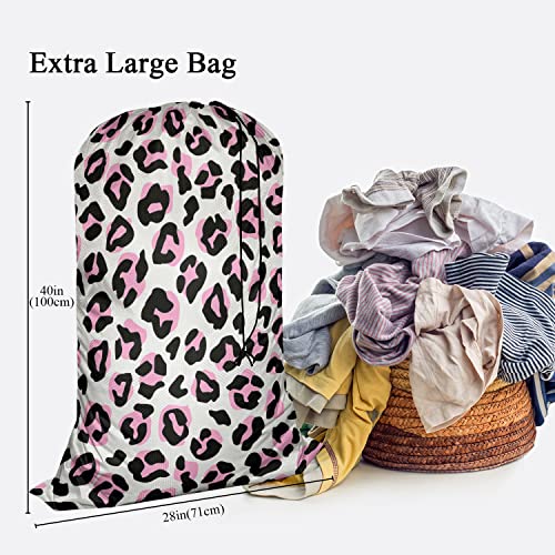 Swono Leopard Print Laundry Bags With Drawstring XL Storage Bags 28"x40", Heavy Duty Multi Use, Animal Skin Repeat Pattern Washable Dirty Clothes Organizer, Easy Fits Laundry Hamper Basket, Pink Black - color: Leopard Print