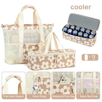 Bluboon Mesh Beach Tote Bag with Cooler Compartment Insulated Detachable Picnic Bag with Zipper and Pocket Pool Bag for Women - color: Flower 157 Green