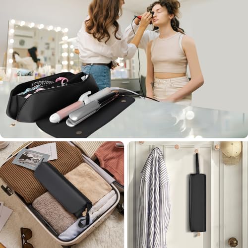 SS Hair Tools Travel Bag and Heat Resistant Mat for Hot Tools, Leather Curling Iron Case, Portable Essentials for Women, Black - color: Black