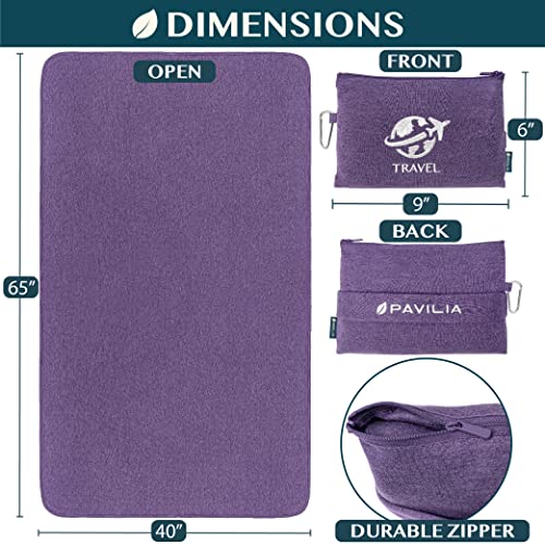 PAVILIA Travel Blanket Compact, Airplane Packable Bag, Soft Fleece Portable Throw Pillow Combo Set, Plane Flight Car Trips Essentials Gift Accessories, Luggage Backpack Clip, Purple, 65 x 40 Inch - color: Purple
