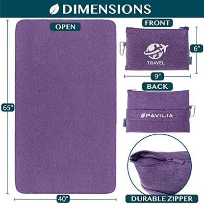 PAVILIA Travel Blanket Compact, Airplane Packable Bag, Soft Fleece Portable Throw Pillow Combo Set, Plane Flight Car Trips Essentials Gift Accessories, Luggage Backpack Clip, Purple, 65 x 40 Inch - color: Purple
