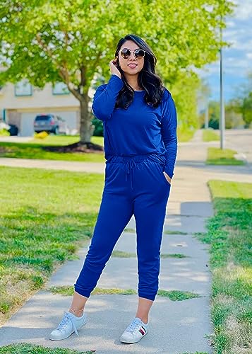 PRETTYGARDEN Women Fall 2 Piece Lounge Outfit Long Sleeve Tops High Waisted Jogger Pants Set Spring Travel Clothes Tracksuit - color: Blue, size: Medium
