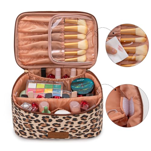 Montana West X Wrangler Travel Makeup Bag 2pcs Set Large Cosmetic Bag with Makeup Brush Holder Portable Make Up Organizer Cute Toiletry Bag with Divider and Handle for Women Leopard - color: Leopard