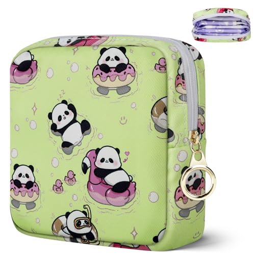 Likesing Tampon Holder for Purse, Canvas Period Bag Sanitary Napkin Storage Bag for Girls Womens, Portable Feminine Emergency Pad Period Pouch(Swimming Panda) - color: Green Swimming Panda-H3849-2