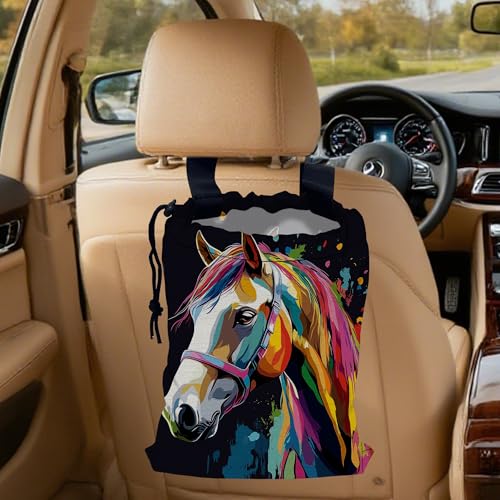 Watercolor Horse Car Trash Bag, Hanging Drawstring Car Garbage Bag,Canvas Car Back Seat Organizer with Adjustable Buckle for Men and Women - color: Watercolor Horse