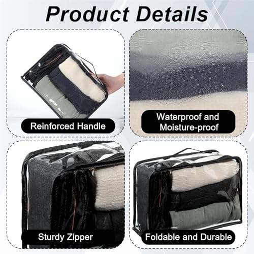6 Pieces Large Clear Travel Packing Cube Clear Vinyl Zippered Storage Bags See Through Moving Bag PVC Multipurpose Pouch with Handle for Suitcase Shirts Dress Storage (Black, 13 x 9 x 5.1 Inch)