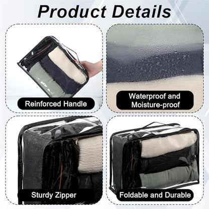 6 Pieces Large Clear Travel Packing Cube Clear Vinyl Zippered Storage Bags See Through Moving Bag PVC Multipurpose Pouch with Handle for Suitcase Shirts Dress Storage (Black, 13 x 9 x 5.1 Inch)