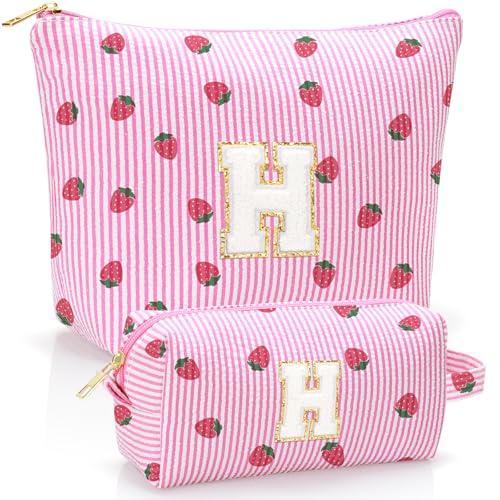 Personalized Initial Makeup Bag,Strawberry Print Preppy Cosmetic Toiletry Travel Bag,Trendy Letter Makeup Pouch for Teen Girls and Women,Holiday & Birthday Gift,2 Pack (H, Pink Strawberry) - style: H