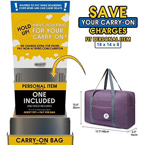For Spirit Airlines Personal Item Bag Foldable Travel Duffel Bag Tote Carry on Luggage Duffle Overnight for Women and Men - color: 1112 Purple