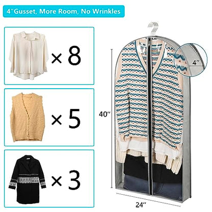 3 Pack 40" Garment Bags for Hanging Clothes Storage, Clear Suits Covers with 4" Gussets for Closet Storage Travel, Plastic Protector for Coat, Jacket, Sweater, Shirts - size: 40" 3Pack