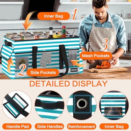 Extra Large Utility Tote Bag with Reflective Strip, Standing Reusable Grocery Bags with Hard Bottom, Collapsible Utility Tote with Handles for Shopping, Beach, Picnics, Car, Striped Green - color: Striped Green