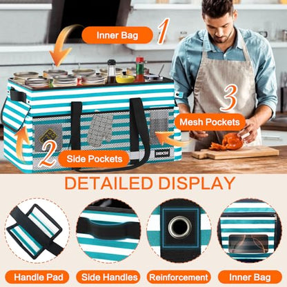 Extra Large Utility Tote Bag with Reflective Strip, Standing Reusable Grocery Bags with Hard Bottom, Collapsible Utility Tote with Handles for Shopping, Beach, Picnics, Car, Striped Green - color: Striped Green