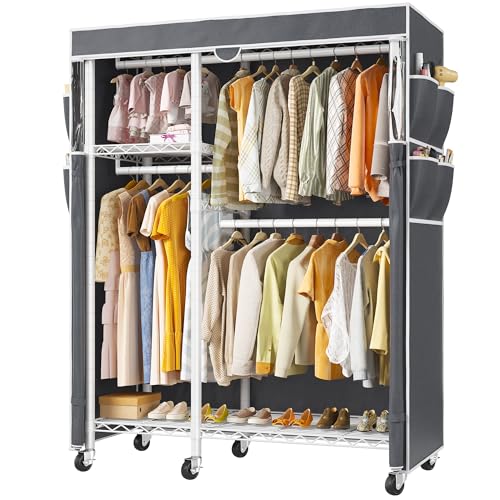 Raybee Clothes Rack with Cover Clothing Racks for Hanging Clothes Heavy Duty Portable Closet with Wheels，Rolling Garment Rack for Bedroom,White - color: White, size: 44.88"W