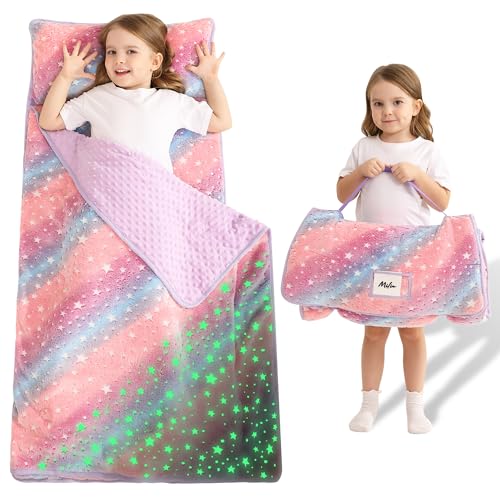 Lasoftan Toddler Nap Mat with Pillow and Blanket, Extra Large Rolled Napping Mats,Slumber Bags for Boys Girls,Kids Sleeping Bag for Daycare, Preschool Travel Camping - color: Glowing Star