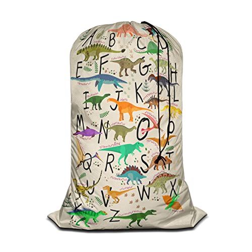 Swono Alphabets XL Laundry Bags, Drawstring Closure Dirty Clothes Bag Organizer, Heavy Duty Large Laundry Bag, Cartoon Dinosaurs Footprint Green Leave Rip-Stop Bags for Camp Travel, 28" x 40" - color: Alphabets