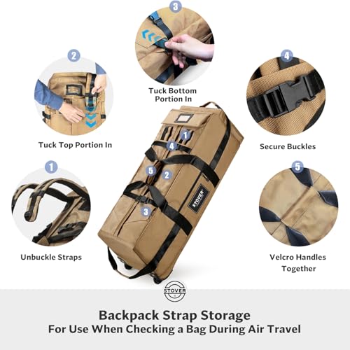 STOVER 45/80/100L Rolling Duffel Bag with Wheels, Large Durable Travel Duffle + Toiletry Bag, Heavy Duty, Packable, Foldable with Shoulder Straps- Use as Luggage or Backpack, Men/Women (Tan) - color: Tan