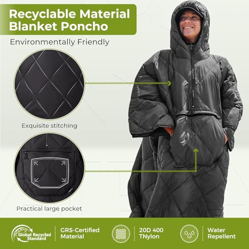 ATEPA Wearable Sleeping Bag Blanket Poncho, Recycled Water-Resistant Camping Poncho, Stadium Blanket for Outdoor Sports - color: Black