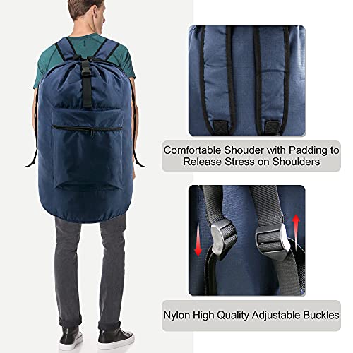 BeeGreen Navy Blue Travel Laundry Bag w Drawstring & Handle College Dorm Room Essentials w Adjustable Shoulder Straps Washable Sturdy Laundry Hamper Sack Dirty Laundry Travel Bag for Camping - color: Dark Blue, style: With Front Zipper Pocket